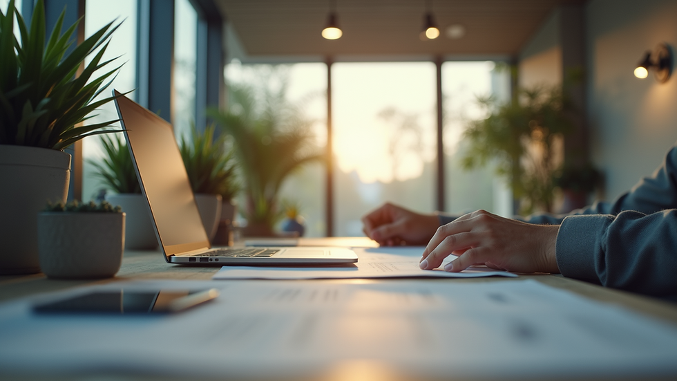 Eye-level view of a modern workspace with technology and nature elements