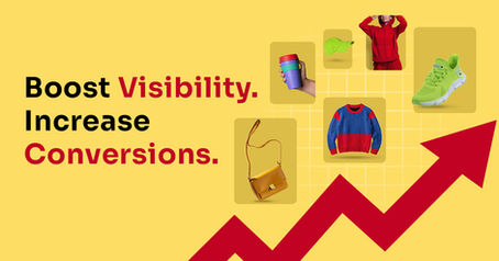 product photos with text and jagged arrow pointing up signifying increase in sales