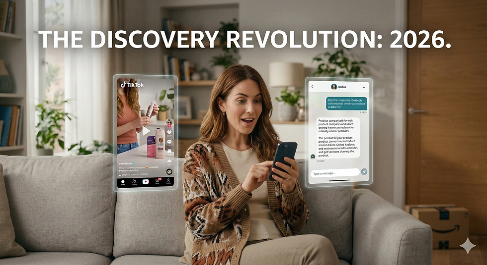 A woman sitting in a couch with a floating screen of her smartphone showing tiktok and messaging