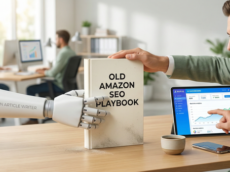 Robotic arm holding an Amazon SEO book with an employee