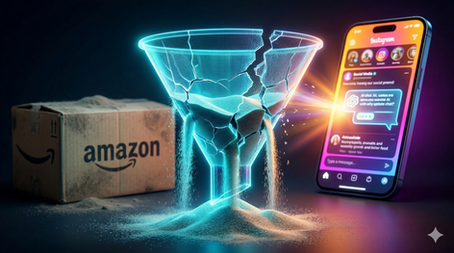 A broken digital funnel with a backdrop of an Amazon shopping box and phone app featuring AI