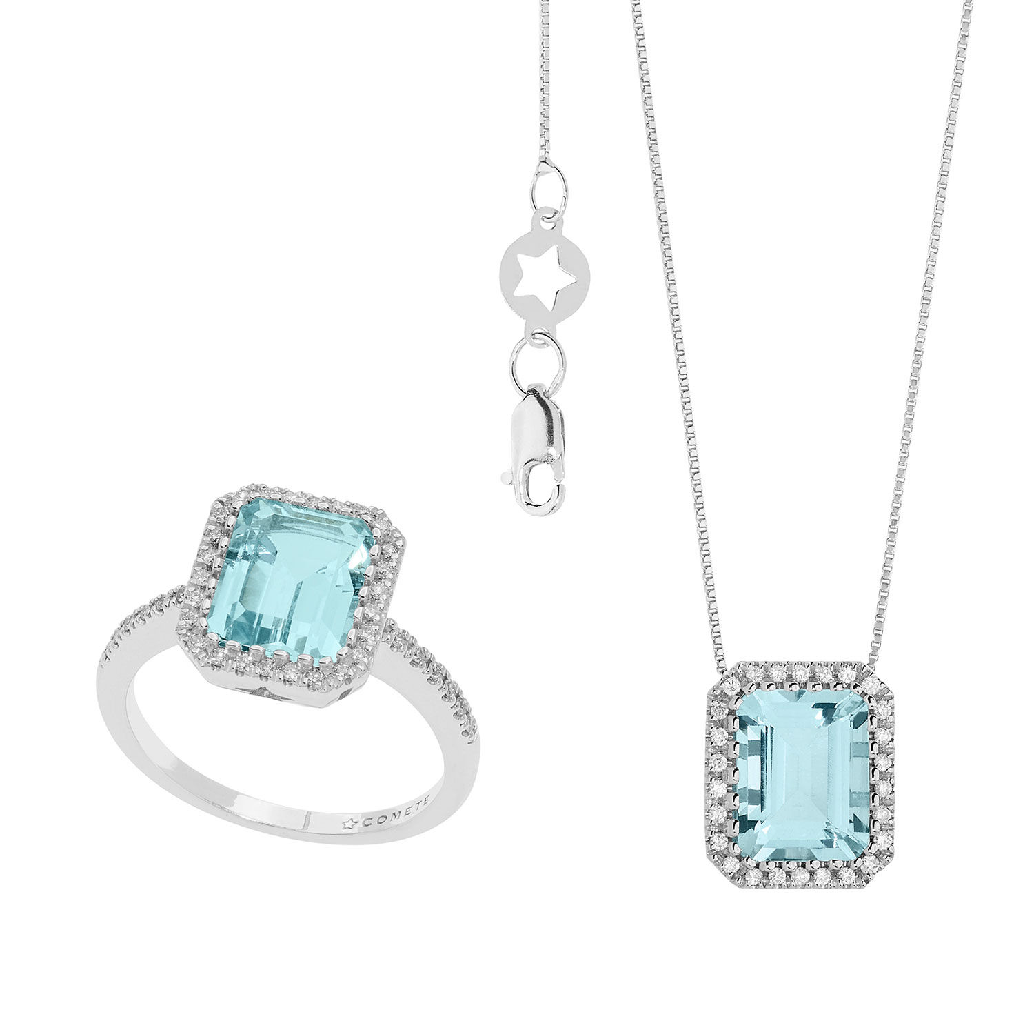 Gouden halsketting en ring met diamanten en achthoekige aquamarijn
