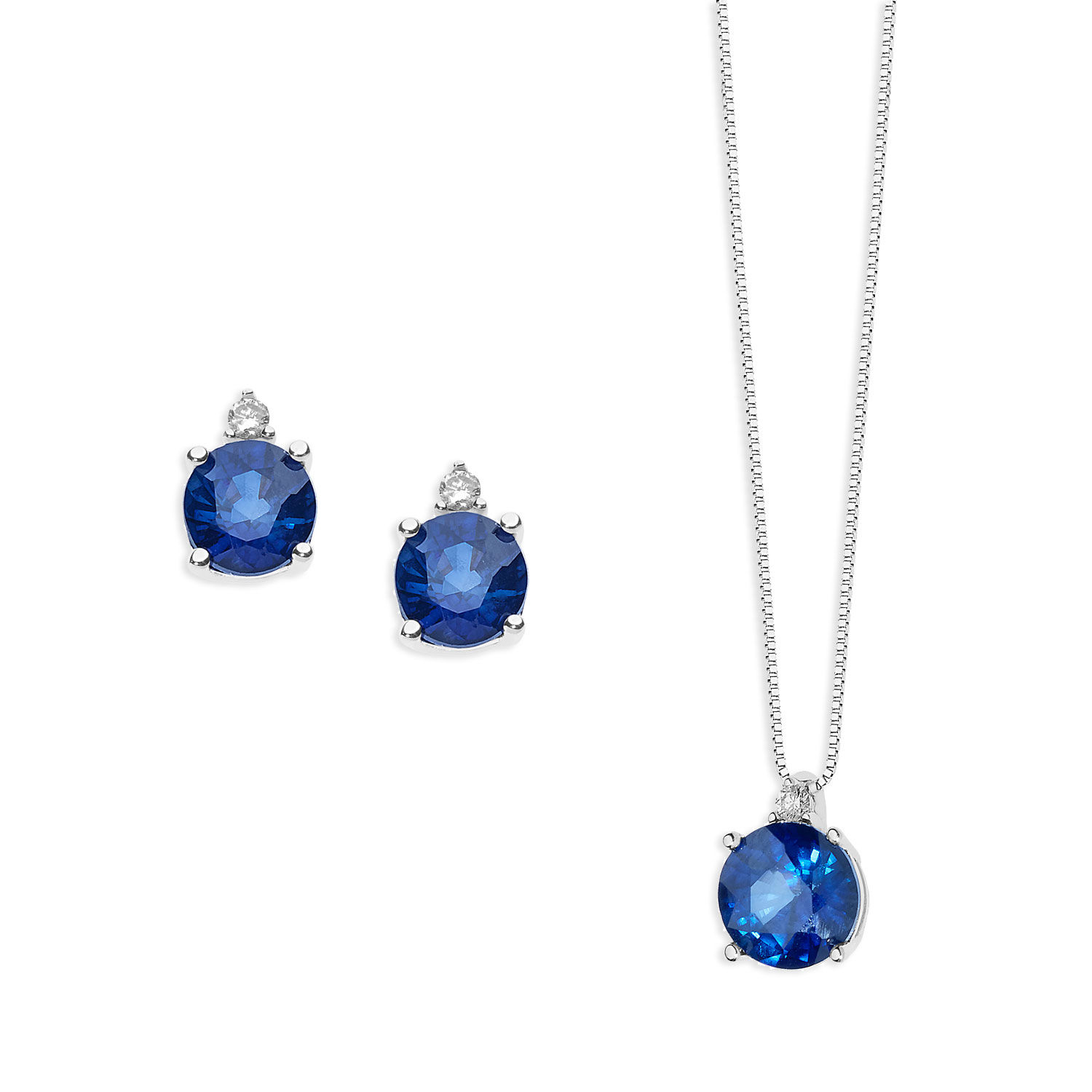 Gouden diamanten en blauwe saffier ronde ketting en oorbellen Story of Light