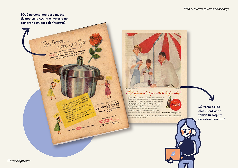 Anuncios Vintage de la marca Presto y Coca Cola que vendían sus productos como "una opción para mantenerte fresca como una flor" en verano (pasando menos tiempo en la cocina) o con una familia muy elegante tomando coca cola.
