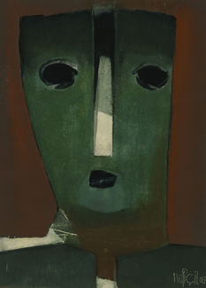 Yeşil yüzlü bir figür resmi, Nafi Çil'in sanatsal çalışması, kırmızı arka planla.