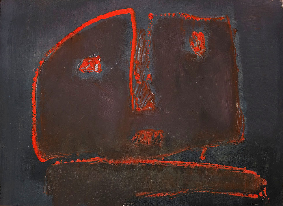 Kırmızı çizgili soyut portre, karanlık zemin üzerinde, sanat eseri Nafi Çil.