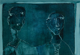 İki insan figürü, mavi tonlarda, sanatsal çizim, Nafi Çil çalışması, Galeri.