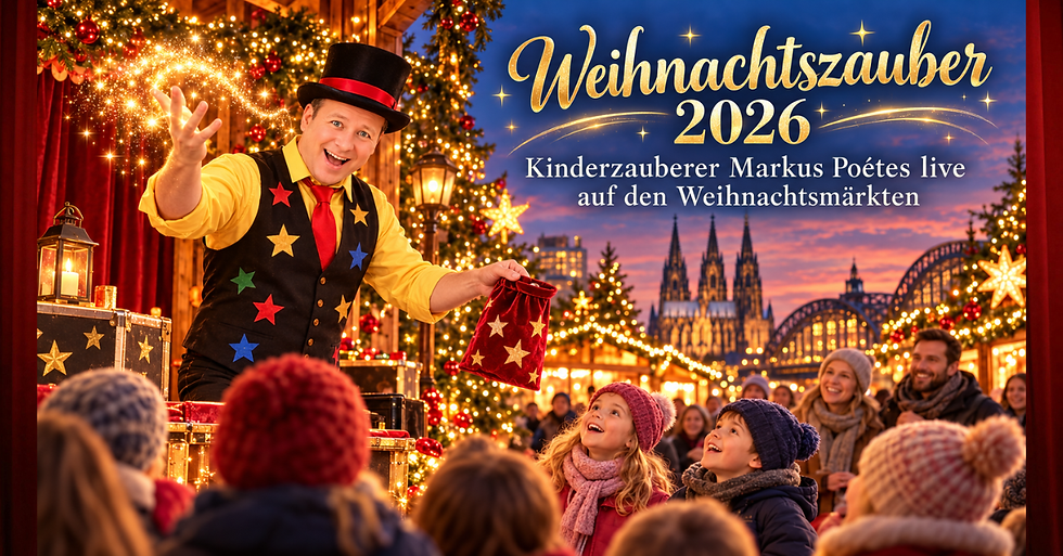 Illustration: Kinderzauberer Markus Poétes bei einer Zaubershow auf einem festlich beleuchteten Weihnachtsmarkt in Köln, mit staunenden Kindern und dem Kölner Dom im Hintergrund.