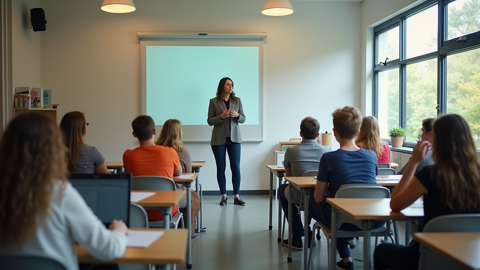 Eye-level view of a classroom with a teacher using Makaton signs
