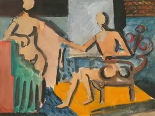 Abstract painting of faceless figures in an interior scene, evoking emotional depth and symbolic imagery.