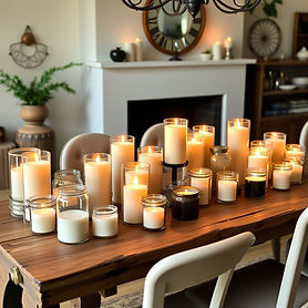 lots of container candles on a rustic table across the room.jpg
