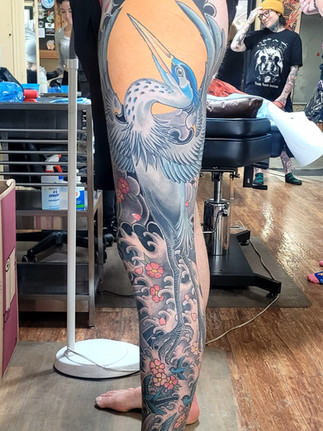 japanese crane colour leg sleeve by toronto tattoo artist matt ellis