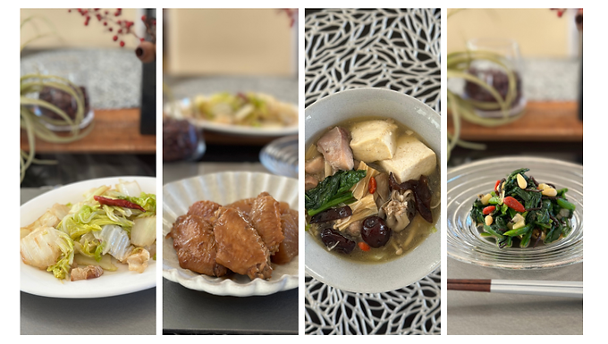 202601 鶏白湯、手羽先の照り煮、ほうれん草とひじきの和物、白菜の塩炒め、牛乳プリンのアマレットシロップ