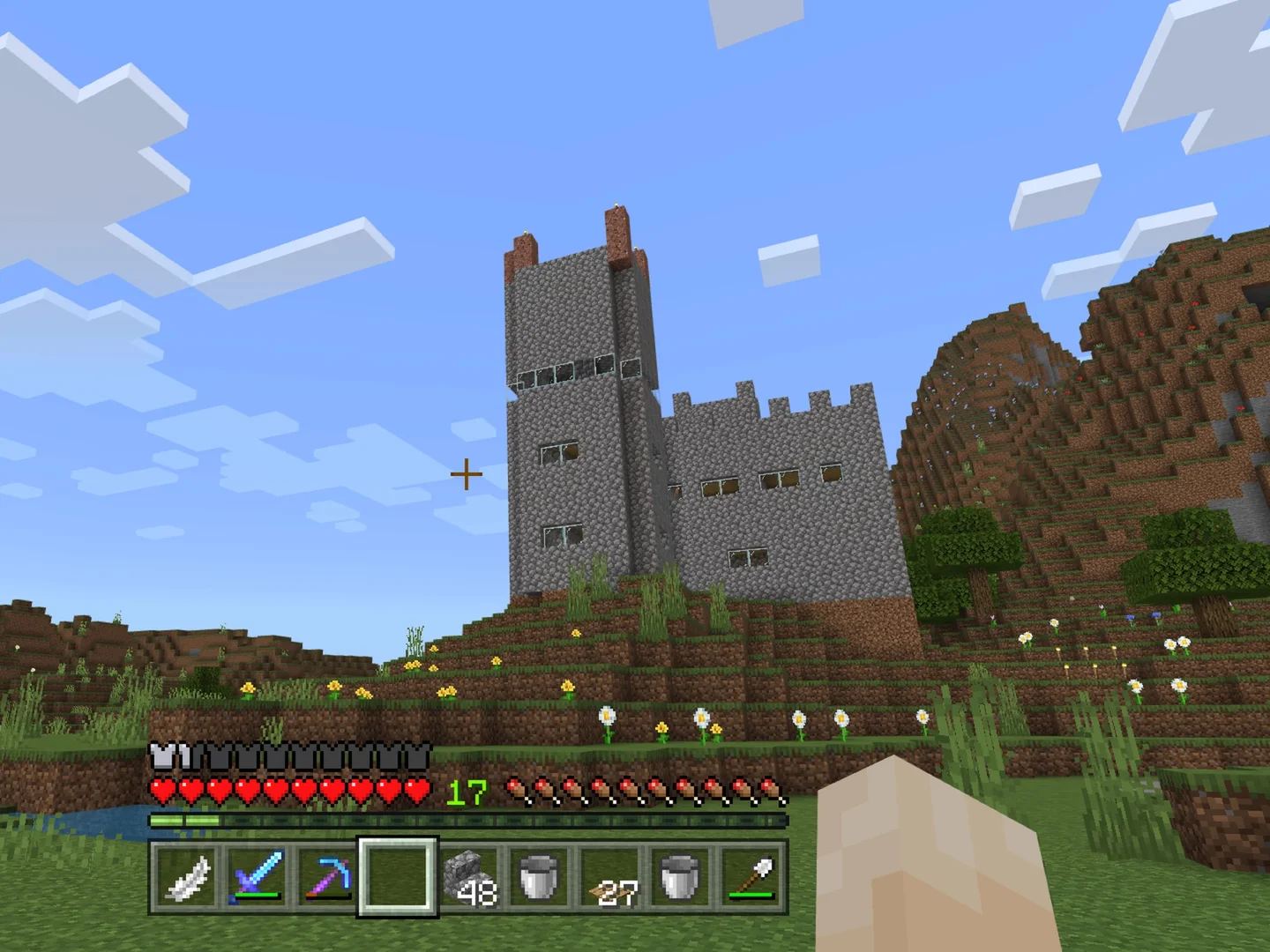 Minecraft characters standing in front of a castle.
