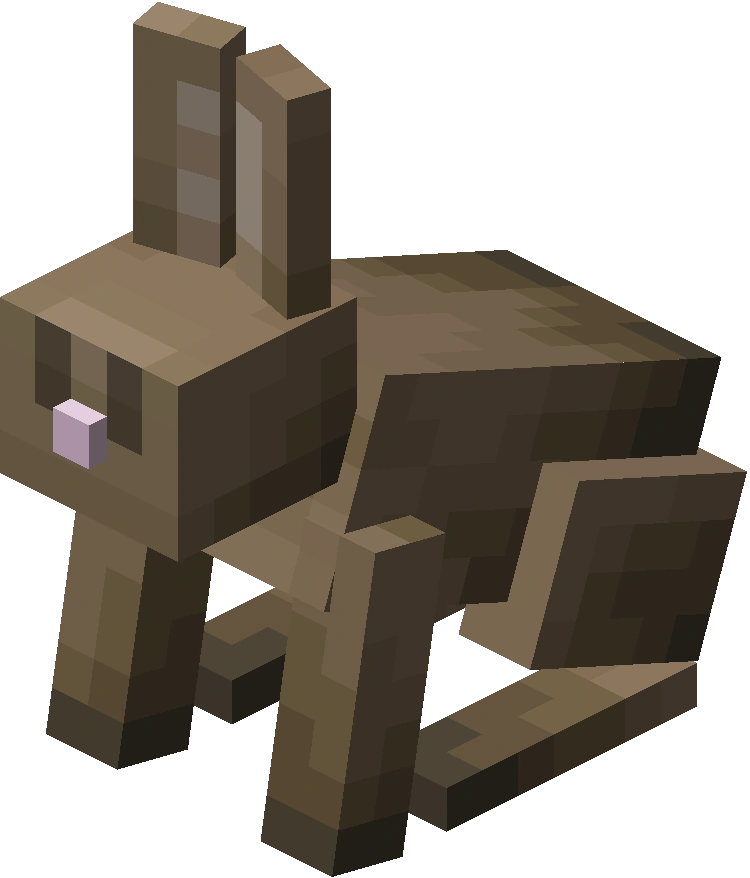 Minecraft rabbit with brown fur and long ears standing on grass block.