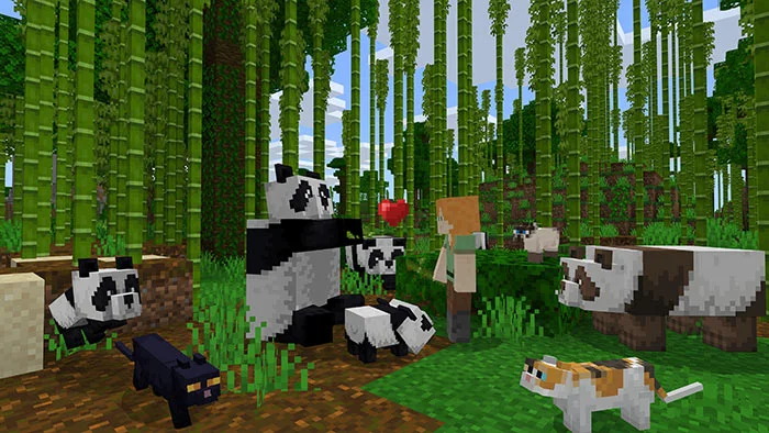 A group of Minecraft farm animals, including cows, pigs, sheep, and chickens, grazing in a grassy field.