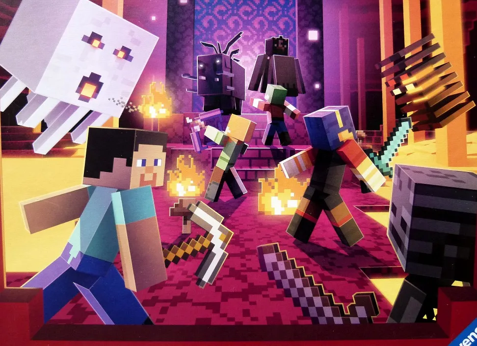 A Minecraft character fighting zombies with a sword.