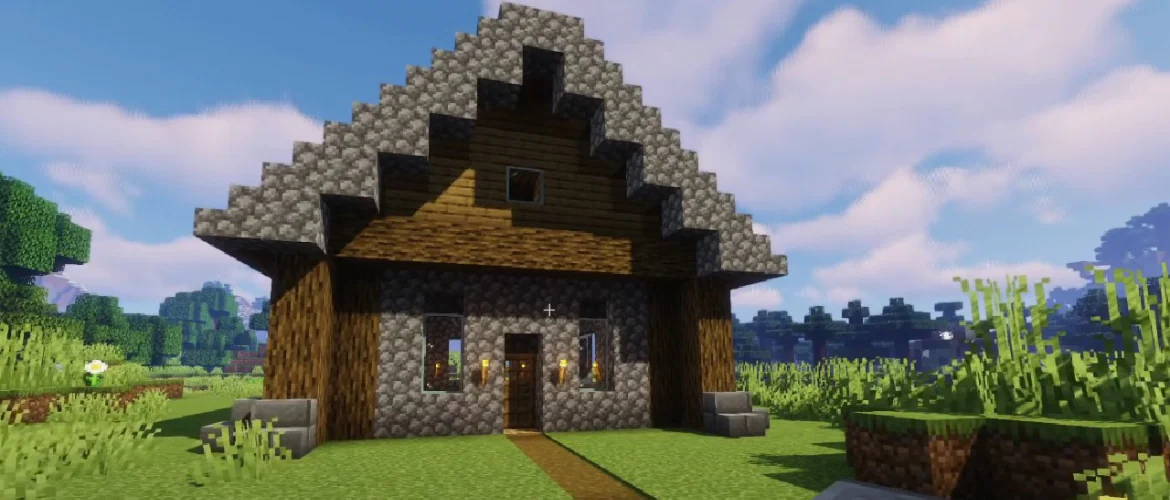 A Minecraft cobblestone house expansion, showcasing additional rooms and multi-level design.