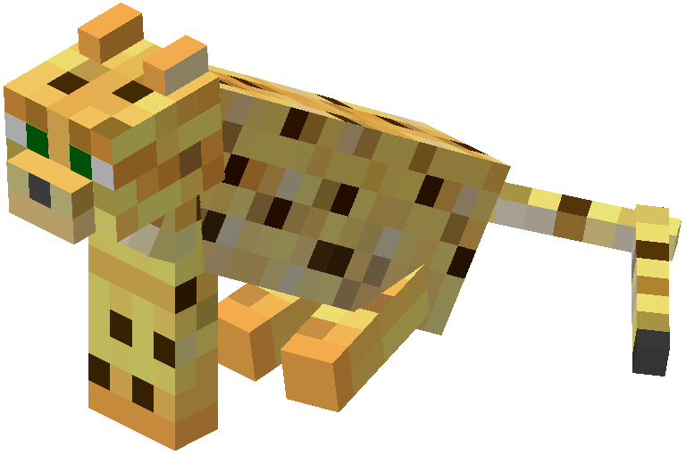 A Minecraft ocelot perched on a tree branch, observing its surroundings with bright green eyes.