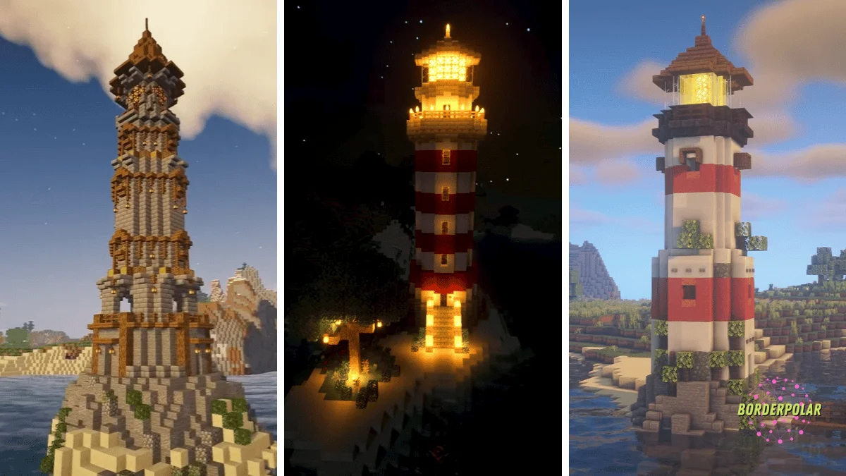 Coastal Minecraft lighthouse guiding players through the night.