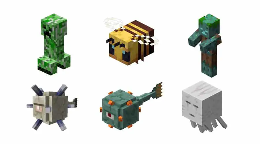 "A group of friendly Minecraft mobs, including a pig, a cow, and a chicken, grazing together in a lush green field."