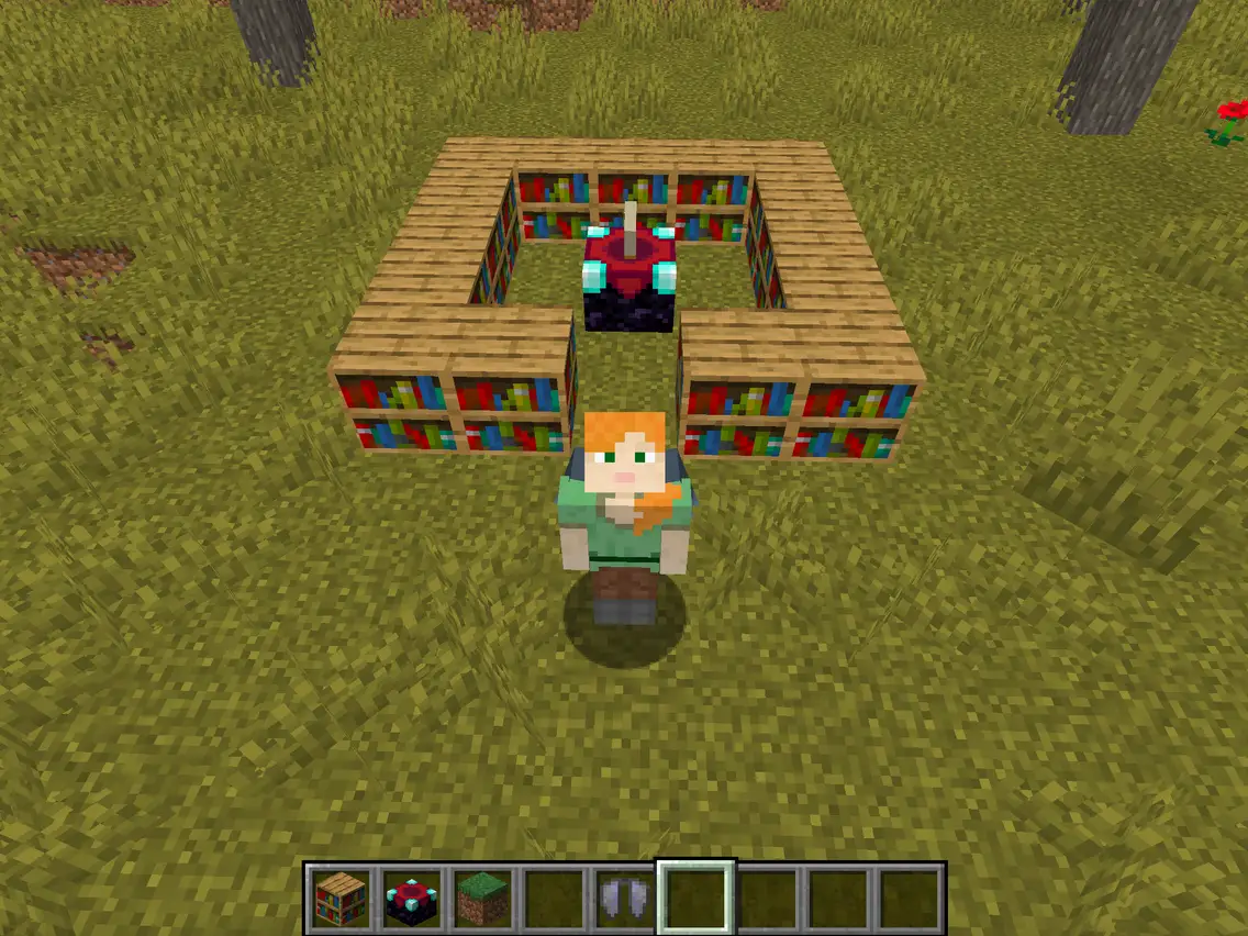 "A player trading with a librarian villager to acquire rare enchanted books."