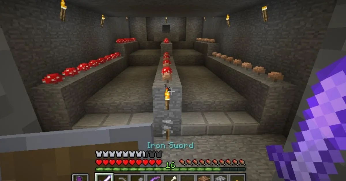 A well-lit indoor mushroom farm in Minecraft with optimal light levels and ample spacing for efficient growth."
