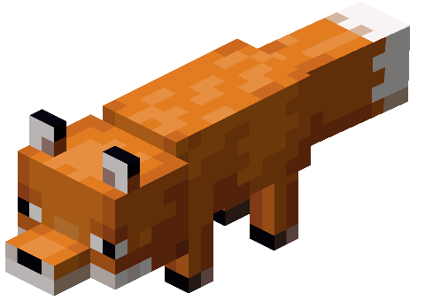 A red Minecraft fox holding an item in its mouth, ready to leap over an obstacle.