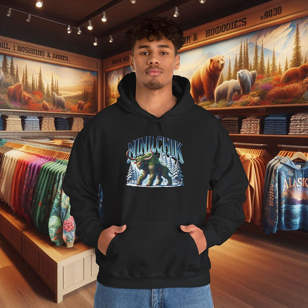 Thumbnail: Man modeling Ninilchik Alaska Comfort Hoodie snow beast design
