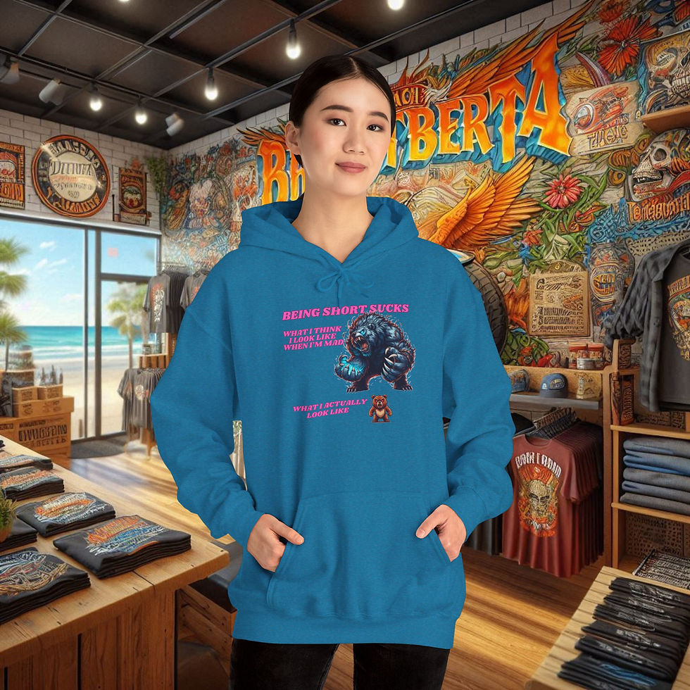 Thumbnail: Woman wearing blue hoodie: Short Girl Problems: Funny Women's Comfort Hoodie, beach background, Wolf's Den Clothing