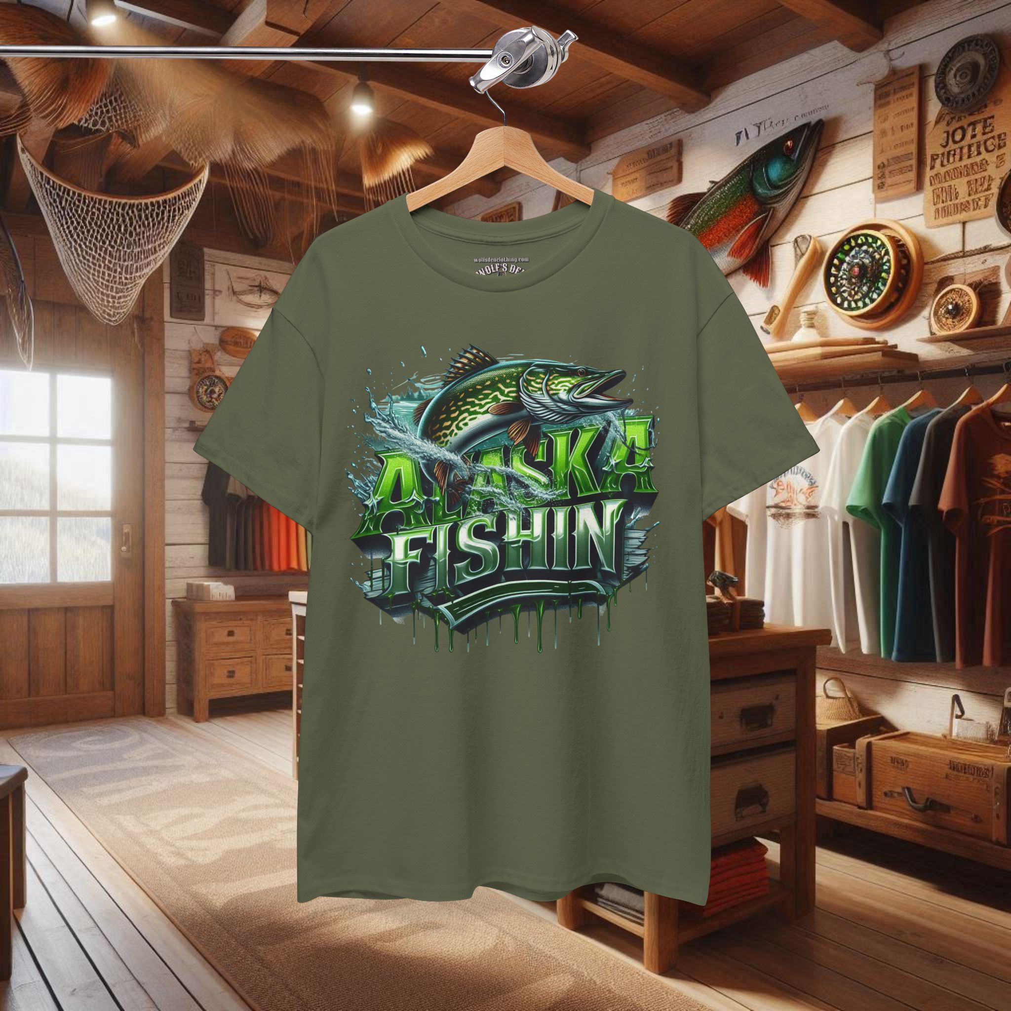 Green graphic t-shirt with Alaska Fishing design