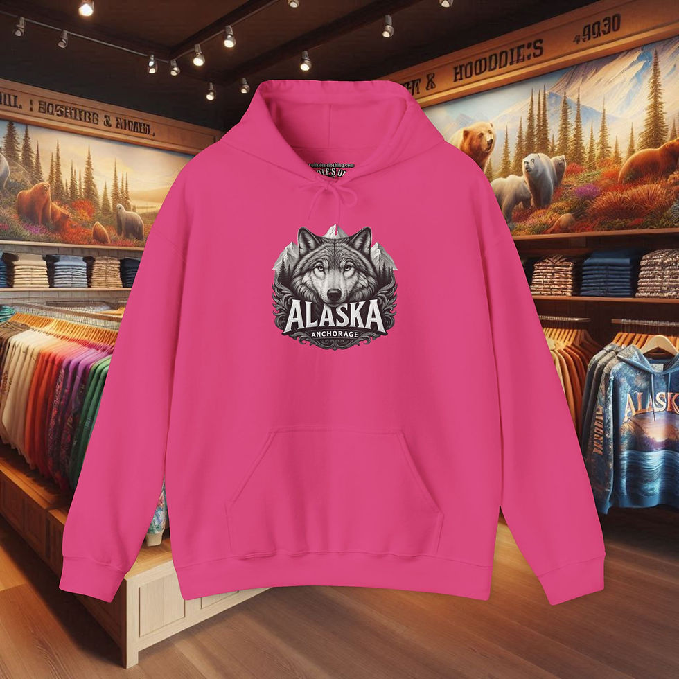 Thumbnail: Pink pullover sweatshirt with wolf head and ALASKA text