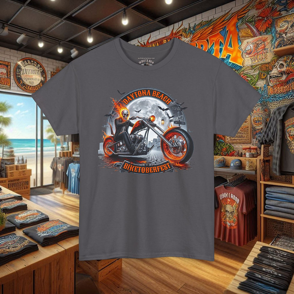 Thumbnail: Gray t-shirt with Daytona Beach Biketoberfest 2025 Rally graphic, Men's Biker T-Shirts, tees, Wolf's Den Clothing.