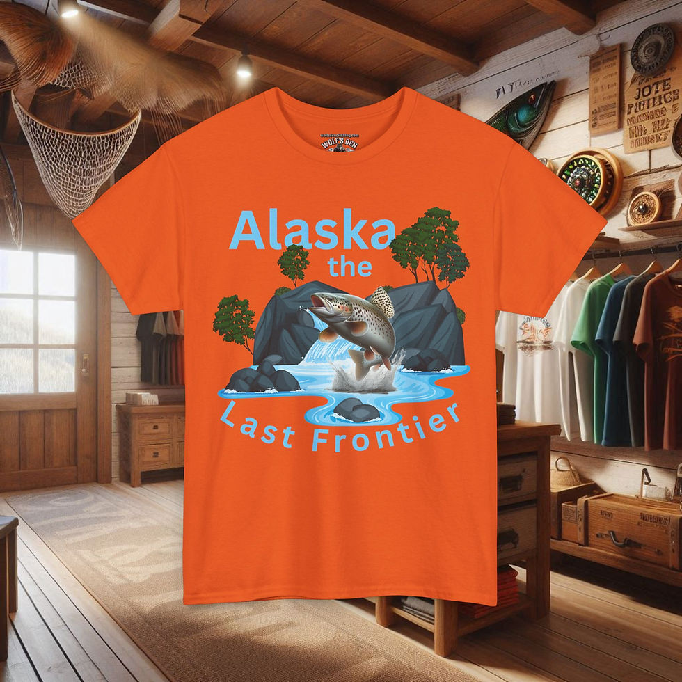 Orange Alaska t-shirt with text, Explore Alaska's Last Frontier with Adventure Apparel