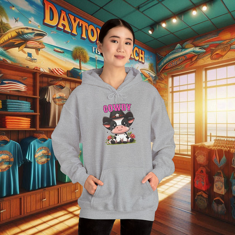 Woman wearing Cowdy The Cowgirl Cow- Comfort Hoodie, standing in front of Daytona Beach shop.