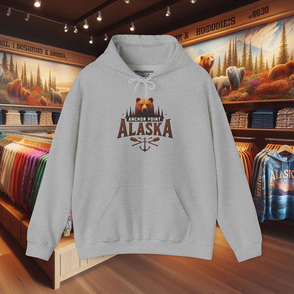 Thumbnail: Gray Anchor Point Alaska Bear hoodie, Hoodies for Women, Bear pullover sweatshirt. Wolf's Den Clothing and more. https://www.wolfsdenclothing.com