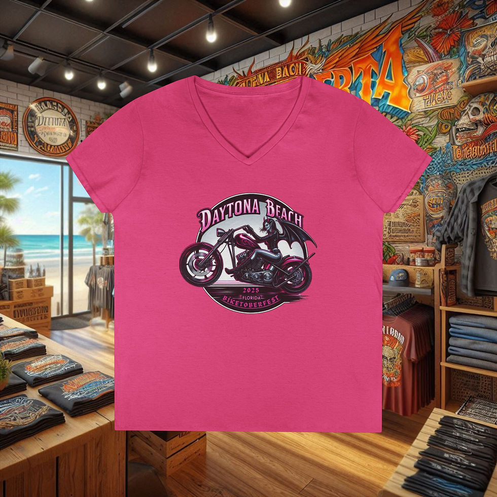 Pink Ladies Devil’s Ride – Daytona Biketoberfest 2025 V-Neck T-Shirt - Graphic Tee with motorcycle graphic and text.