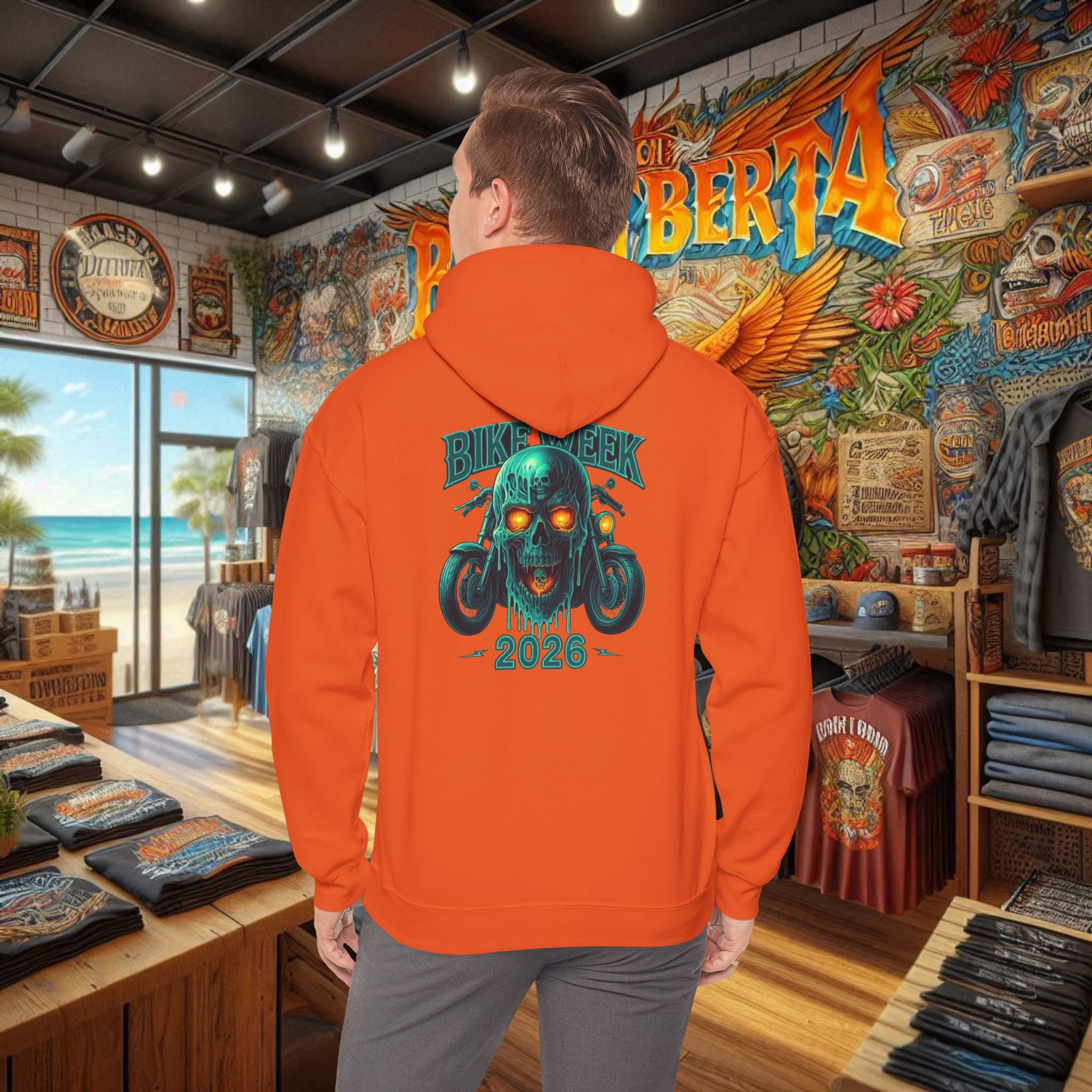 Men's Bike Week 2026 skull outlaw graphics hoodie back design