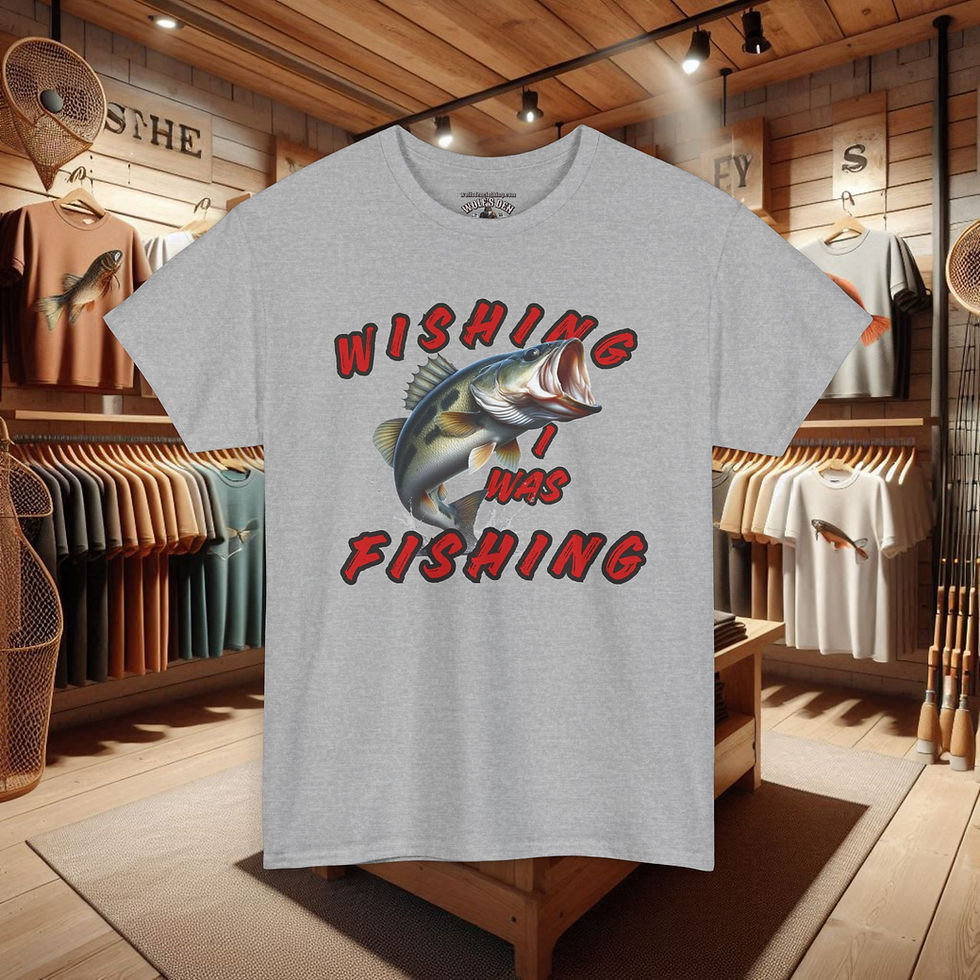 Gray t-shirt with a fish graphic and text, 'Wishing I was Fishing' | Angler Apparel