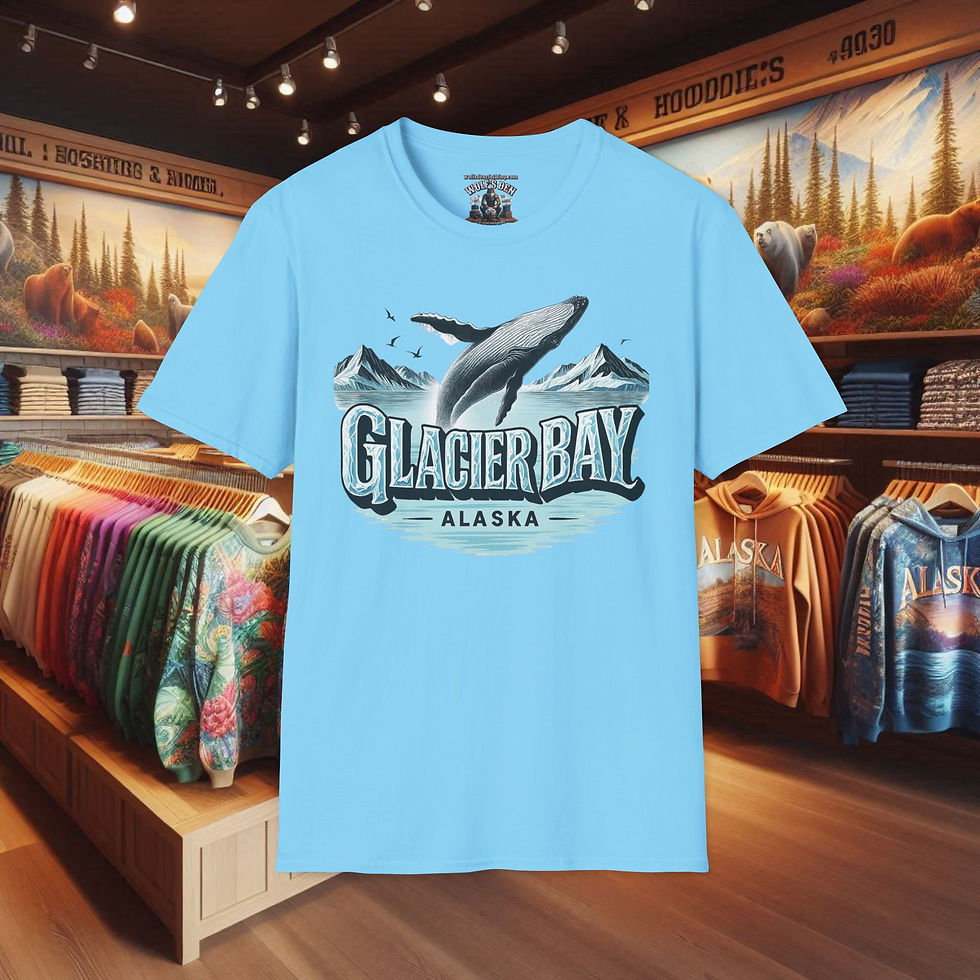 Thumbnail: Light blue t-shirt with Glacier Bay Alaska humpback whale design