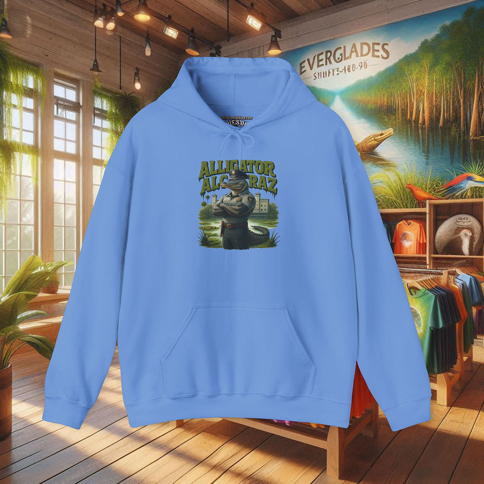 Thumbnail: Light blue hoodie with Alligator Alcatraz Guard, Everglades scene, hooded sweaters.