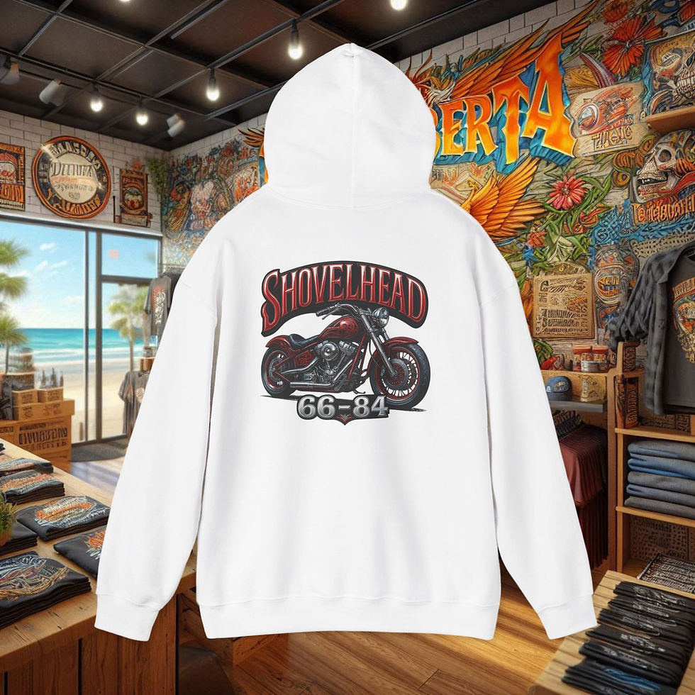 Thumbnail: White hoodie featuring SHOVELHEAD 66-84 motorcycle graphic, 66-84 Shovelhead Hoodie, Motorcycle Pullover. Harley-Davidson motorcycle graphic t-shirt, biker hoodie, bike week, biketoberfest, sturgis, biker, harley, davidson, motorcycle rally.