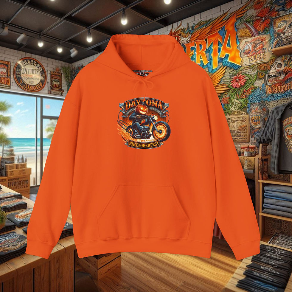 Thumbnail: Orange biker hoodie with fox riding motorcycle graphic