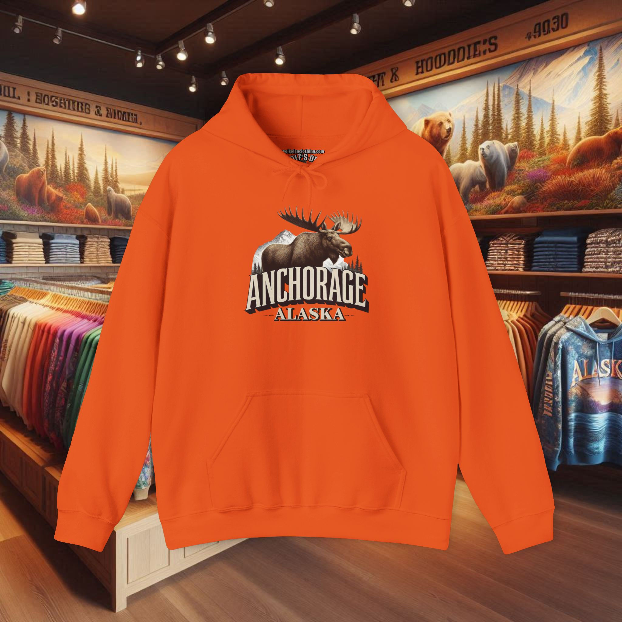 Orange Anchorage Alaska Moose Hoodie for Men, pullover, hooded, sweatshirt comfort.