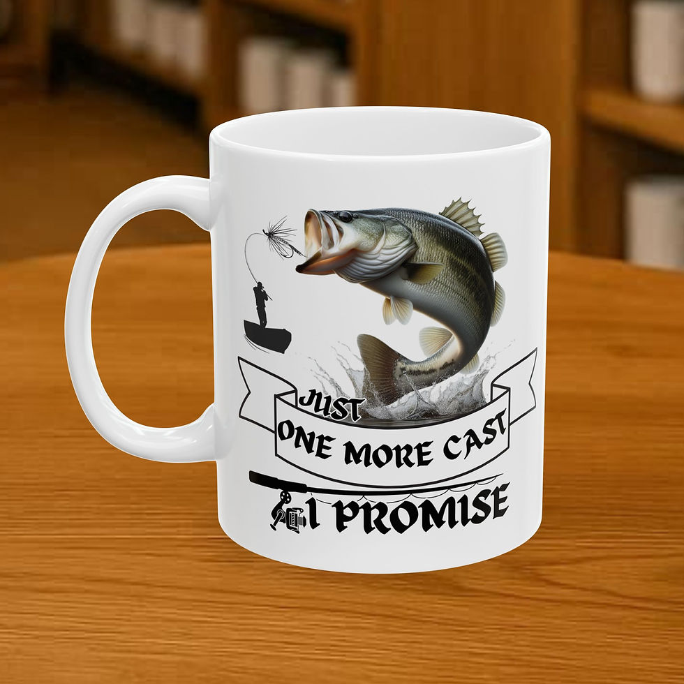 Funny bass fishing mug, 'Just One More Cast I Promise'