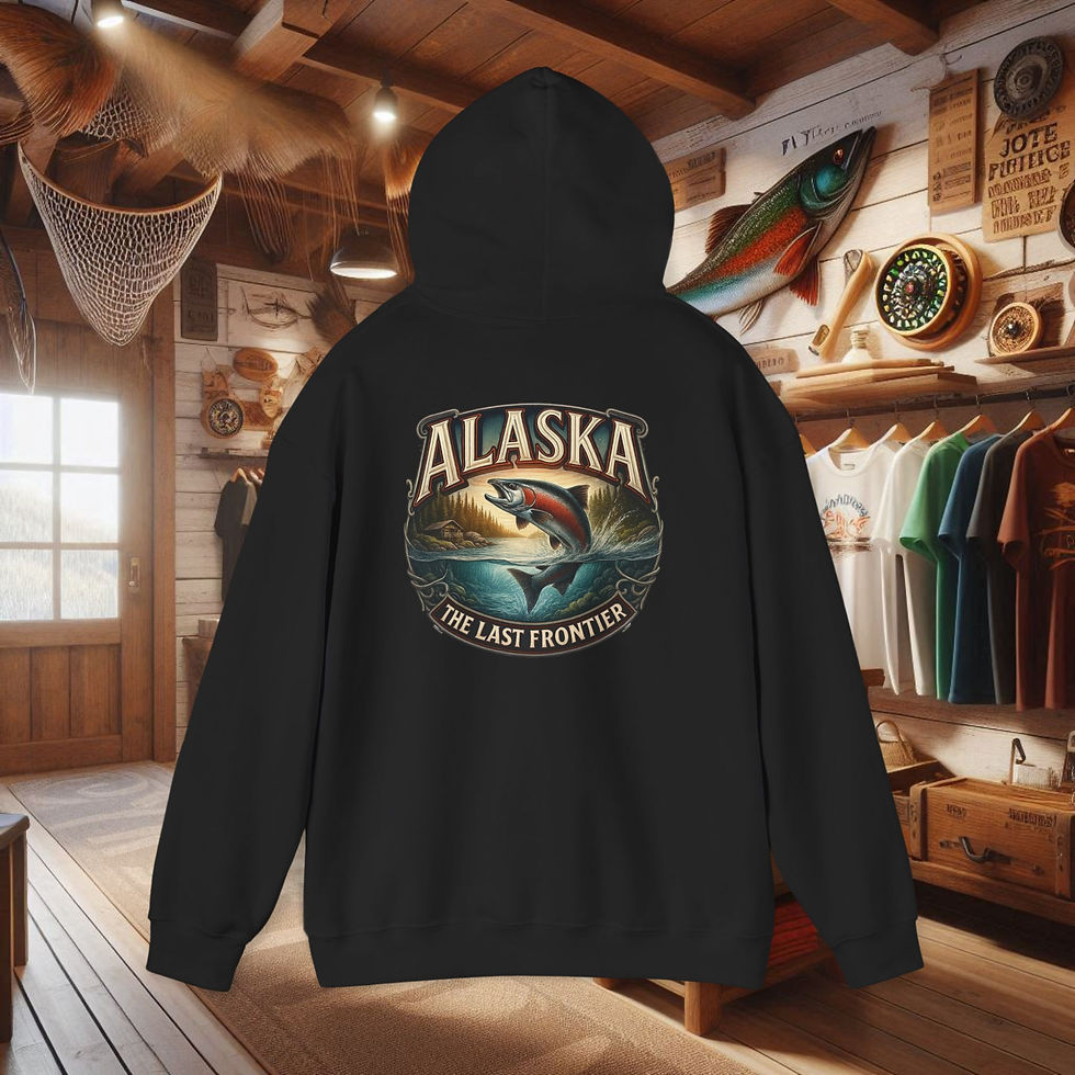 Thumbnail: Black Alaska fishing hoodie with The Last Frontier graphic