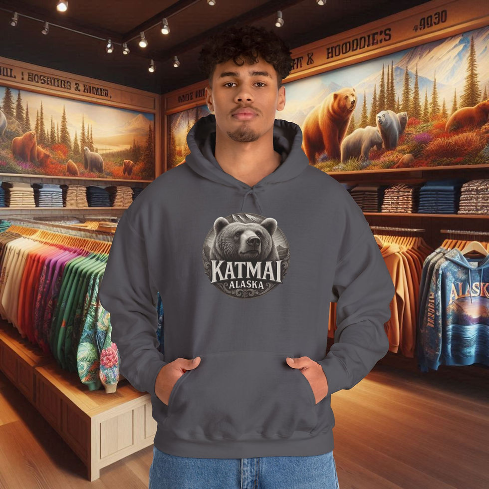 Thumbnail: Man wearing a gray Katmai Alaska bear hoodie