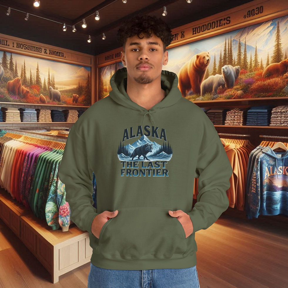 Thumbnail: Man in green hoodie with Alaska The Last Frontier wolf design