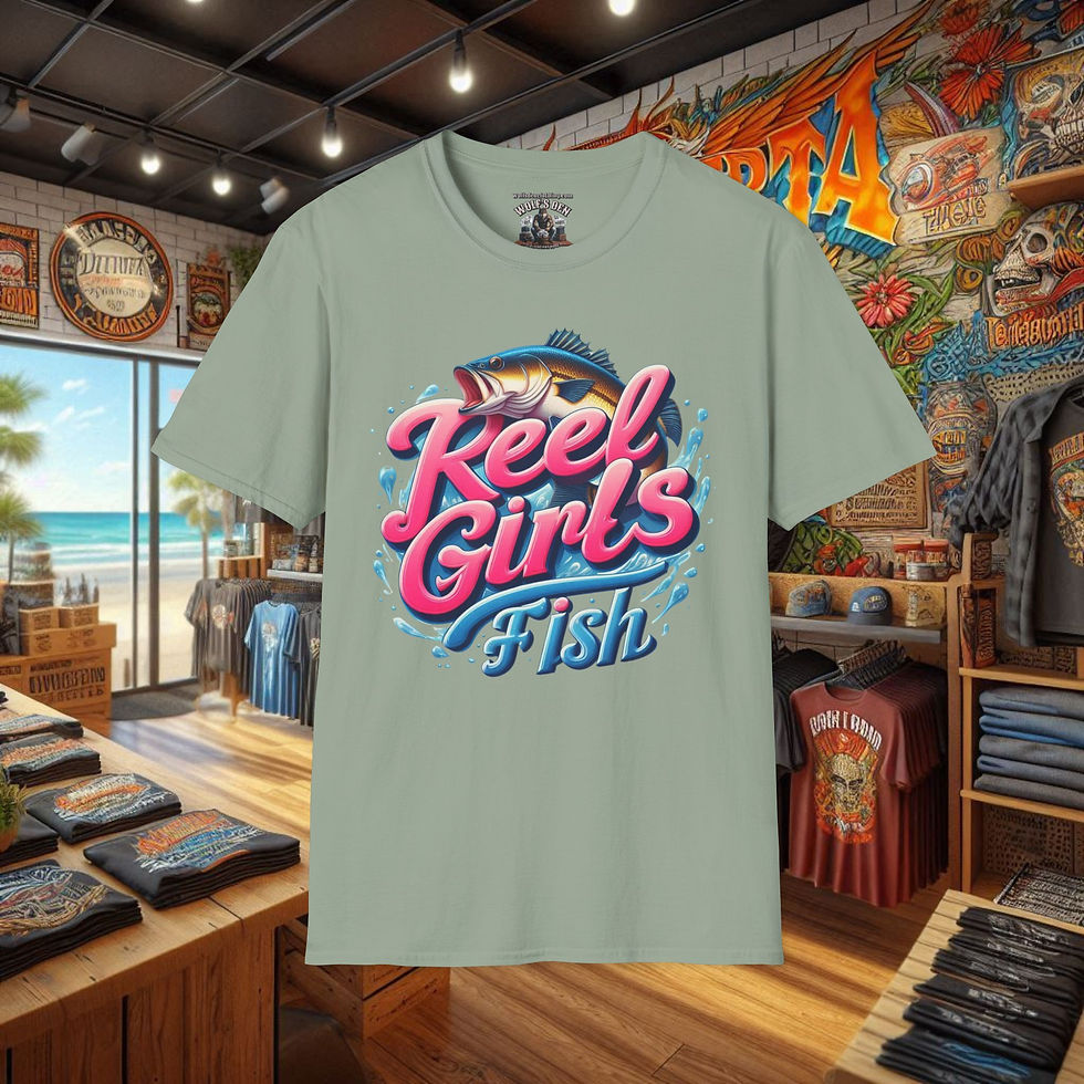 Thumbnail: Light green t-shirt with 'Reel Girls Fish' graphic