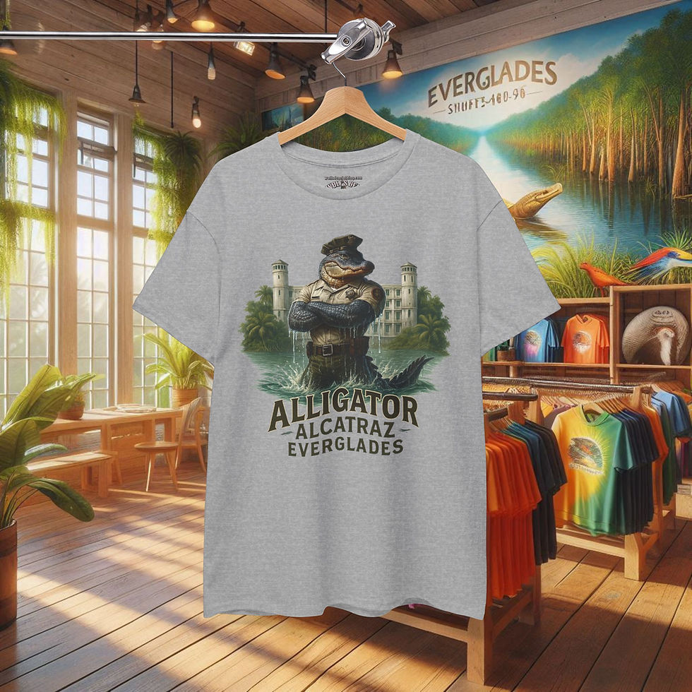 Thumbnail: Grey T-shirt with Alligator Alcatraz Guard Everglades T-shirts for Men, Alligator shirts in store setting.